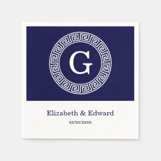 Navy Blue Wht Greek Key Rnd Frame Initial Monogram Napkin