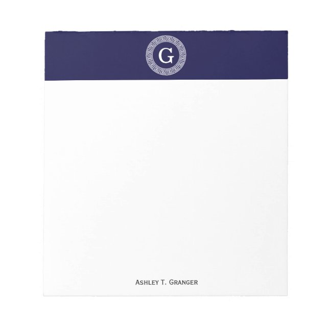 Navy Blue Wht Greek Key Rnd Frame Initial Monogram Notepad (Front)