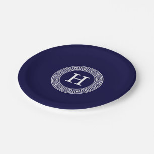 Navy Blue Wht Greek Key Rnd Frame Initial Monogram Paper Plate