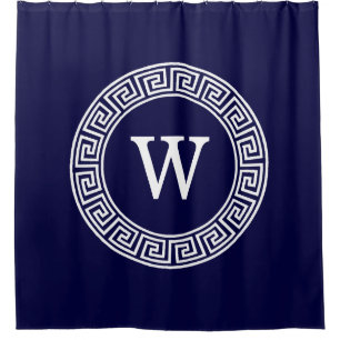 Navy Blue Wht Greek Key Rnd Frame Initial Monogram Shower Curtain