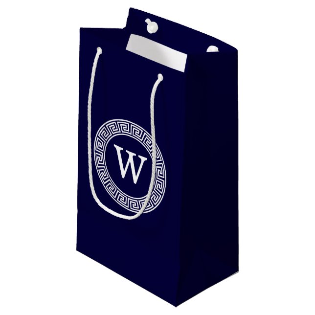 Navy Blue Wht Greek Key Rnd Frame Initial Monogram Small Gift Bag (Front Angled)