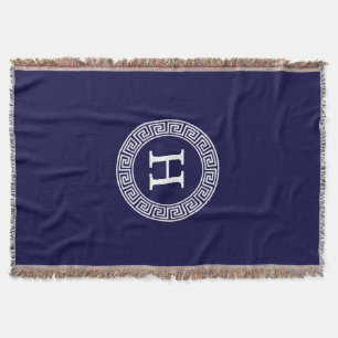 Navy Blue Wht Greek Key Rnd Frame Initial Monogram Throw Blanket