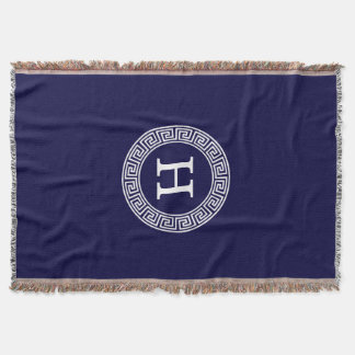 Navy Blue Wht Greek Key Rnd Frame Initial Monogram Throw Blanket