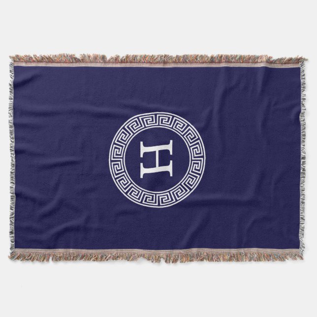 Navy Blue Wht Greek Key Rnd Frame Initial Monogram Throw Blanket (Front)