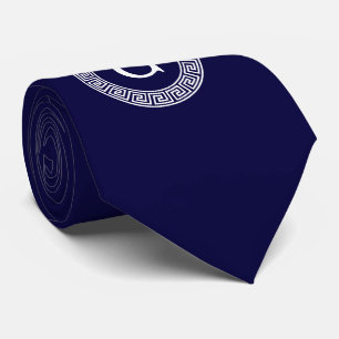 Navy Blue Wht Greek Key Rnd Frame Initial Monogram Tie