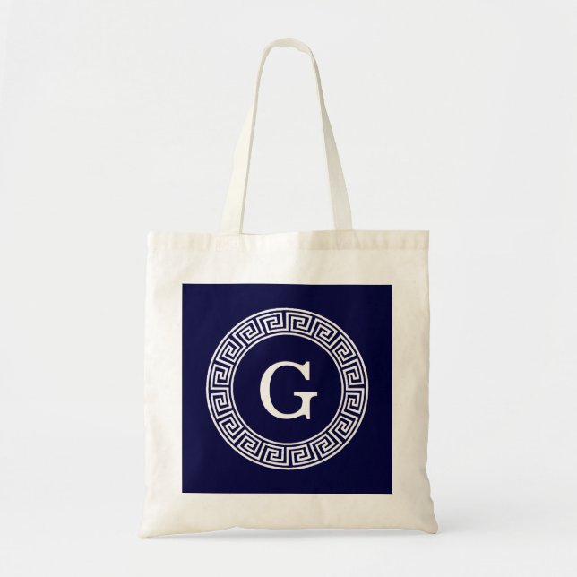 Navy Blue Wht Greek Key Rnd Frame Initial Monogram Tote Bag (Front)
