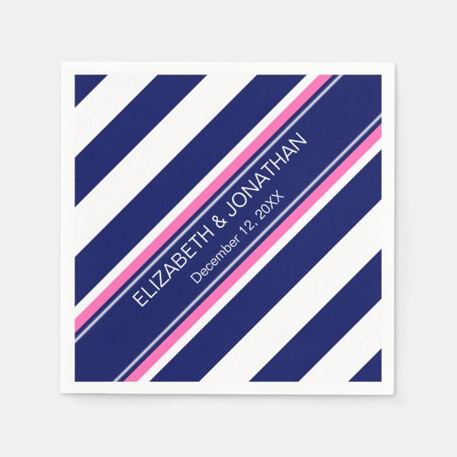 Navy Blue Wht Horiz Stripe Hot Pink Name Monogram Napkin (Front)