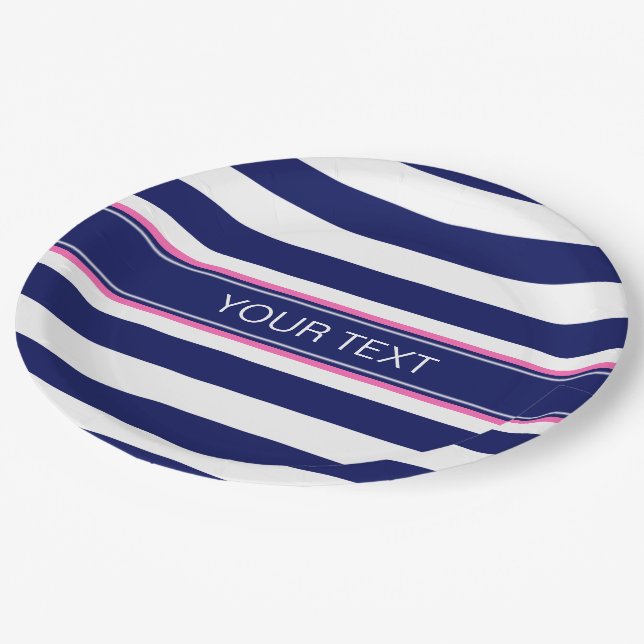 Navy Blue Wht Horiz Stripe Hot Pink Name Monogram Paper Plate (Angled)