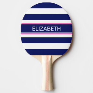 Navy Blue Wht Horiz Stripe Hot Pink Name Monogram Ping Pong Paddle