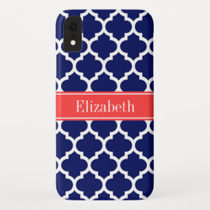 Navy Blue Wht Moroccan #5 Coral Red Name Monogram iPhone XR Case