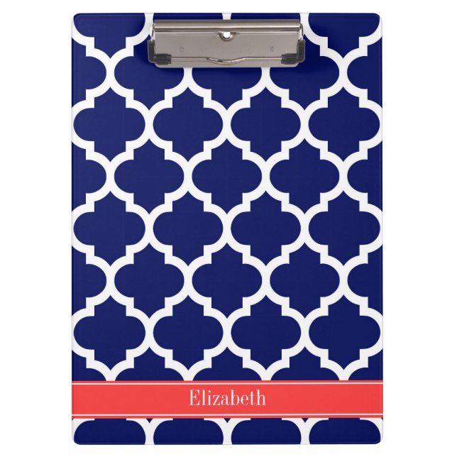 Navy Blue Wht Moroccan #5 Coral Red Name Monogram Clipboard (Front)