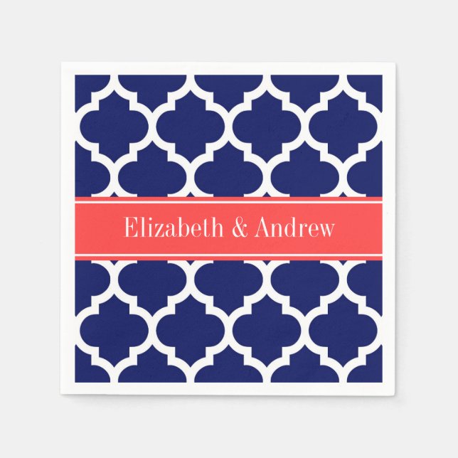 Navy Blue Wht Moroccan #5 Coral Red Name Monogram Napkin (Front)