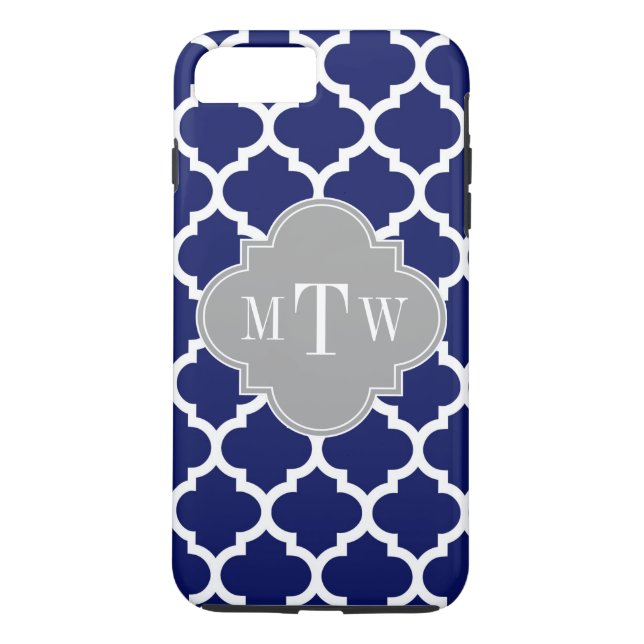 Navy Blue Wht Moroccan #5 Grey 3 Initial Monogram Case-Mate iPhone Case (Back)