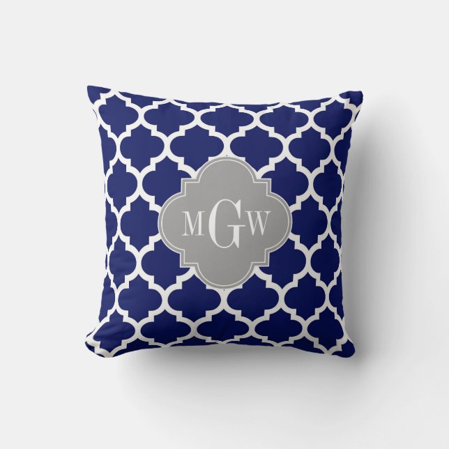 Navy Blue Wht Moroccan #5 Grey 3 Initial Monogram Cushion (Front)