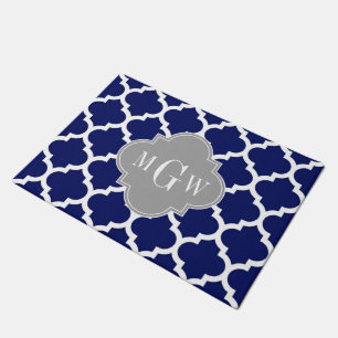Navy Blue Wht Moroccan #5 Grey 3 Initial Monogram Doormat