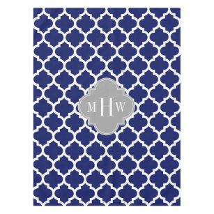 Navy Blue Wht Moroccan #5 Grey 3 Initial Monogram Tablecloth