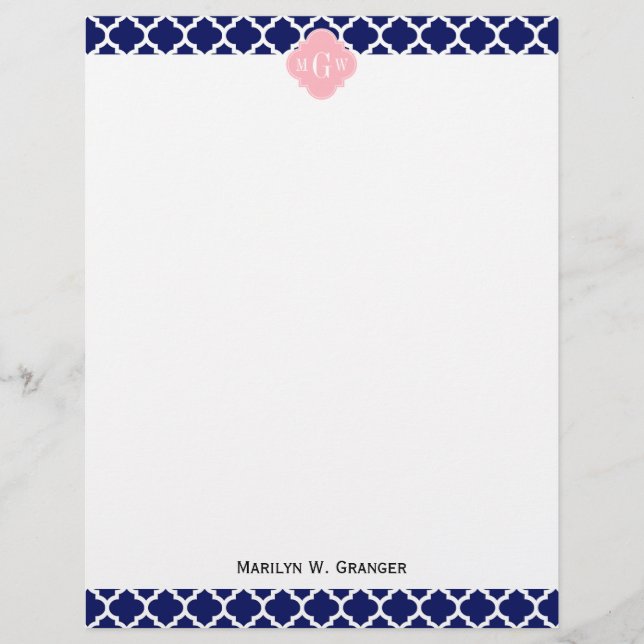 Navy Blue Wht Moroccan #5 Pink 3 Initial Monogram (Front)