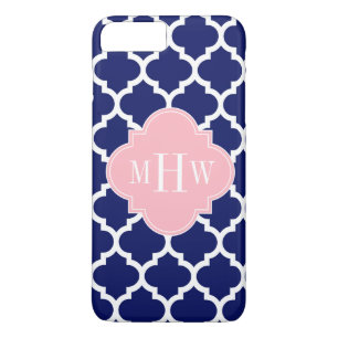 Navy Blue Wht Moroccan #5 Pink 3 Initial Monogram iPhone 8 Plus/7 Plus Case