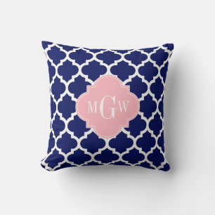 Navy Blue Wht Moroccan #5 Pink 3 Initial Monogram Cushion
