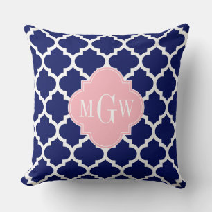 Navy Blue Wht Moroccan #5 Pink 3 Initial Monogram Cushion