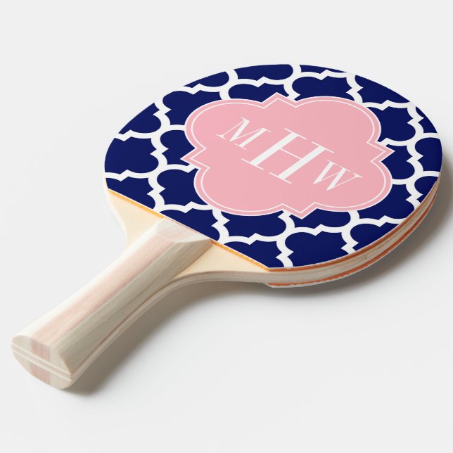 Navy Blue Wht Moroccan #5 Pink 3 Initial Monogram Ping Pong Paddle (Front Angle)