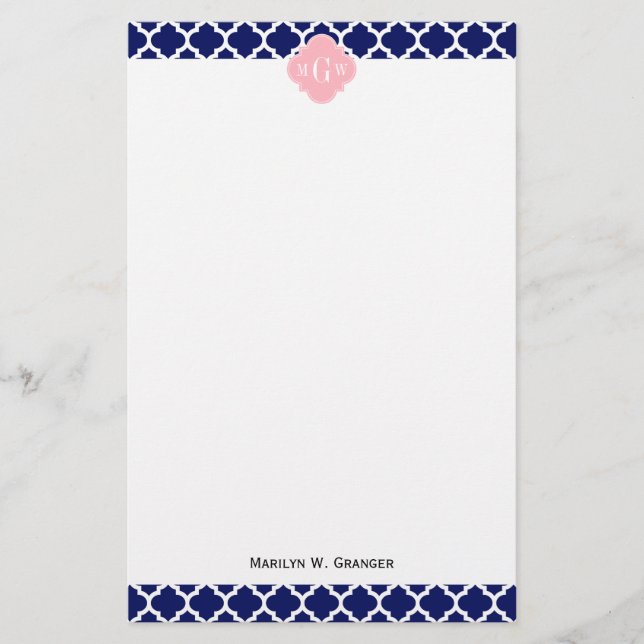 Navy Blue Wht Moroccan #5 Pink 3 Initial Monogram Stationery (Front)