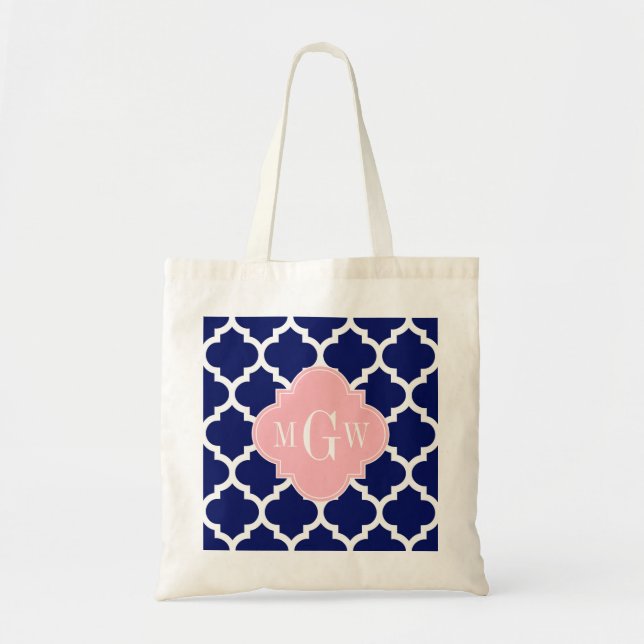 Navy Blue Wht Moroccan #5 Pink 3 Initial Monogram Tote Bag (Front)
