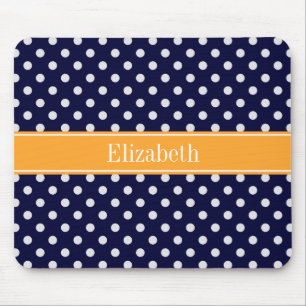 Navy Blue Wht Polka Dots Cantaloupe Name Monogram Mouse Mat