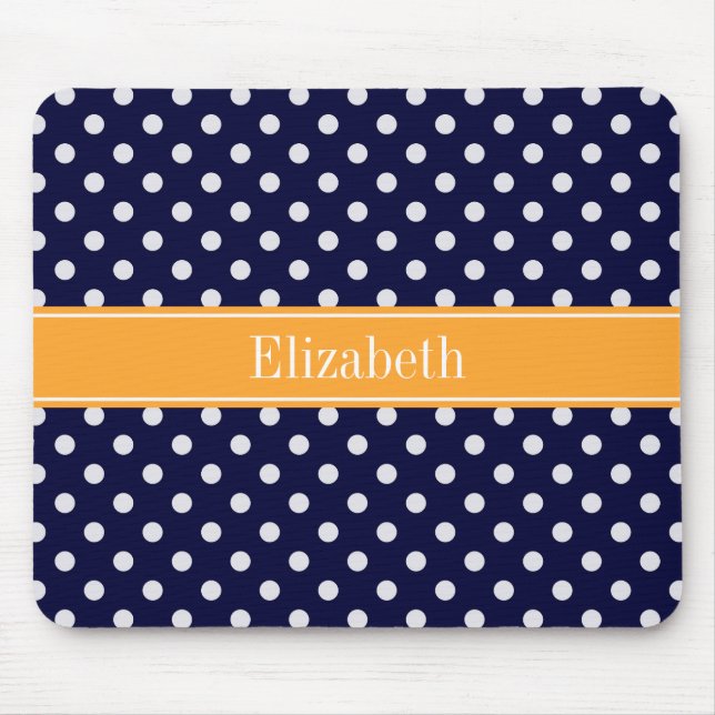 Navy Blue Wht Polka Dots Cantaloupe Name Monogram Mouse Mat (Front)