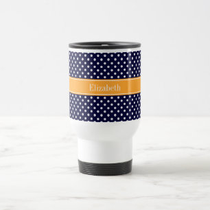 Navy Blue Wht Polka Dots Cantaloupe Name Monogram Travel Mug