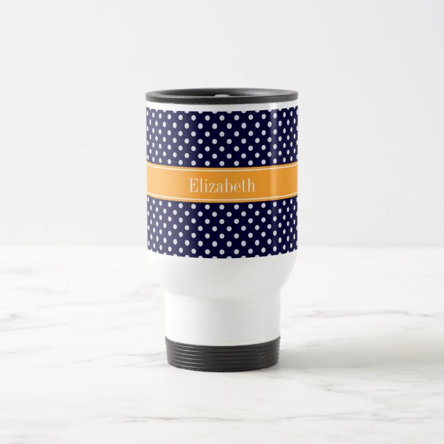 Navy Blue Wht Polka Dots Cantaloupe Name Monogram Travel Mug (Center)
