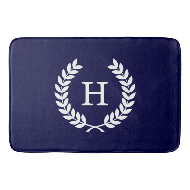 Navy Blue Wht Wheat Laurel Wreath Initial Monogram Bath Mat (Front)