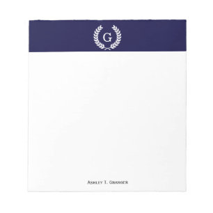 Navy Blue Wht Wheat Laurel Wreath Initial Monogram Notepad