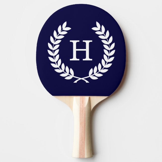 Navy Blue Wht Wheat Laurel Wreath Initial Monogram Ping Pong Paddle (Front)