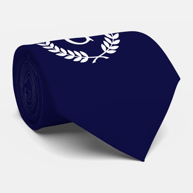 Navy Blue Wht Wheat Laurel Wreath Initial Monogram Tie (Rolled)