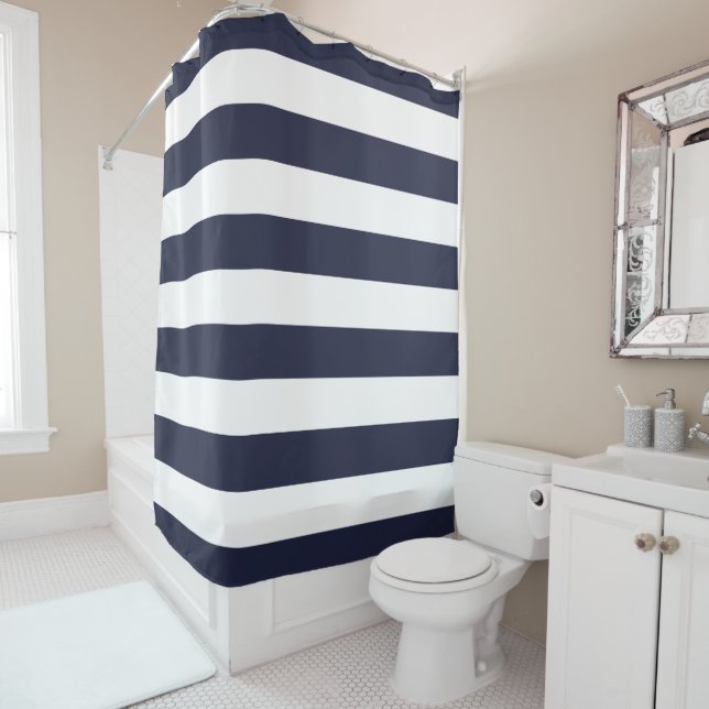Navy Blue Wide Stripes Shower Curtain (In Situ)