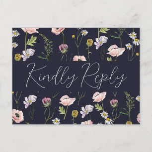  Navy Blue Wild Flower Boho Garden Wedding RSVP Invitation Postcard
