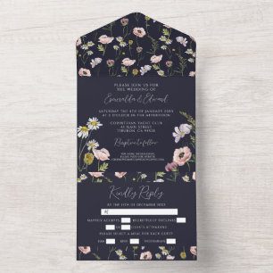 Navy Blue Wild Flower Botanical Garden Wedding All In One Invitation