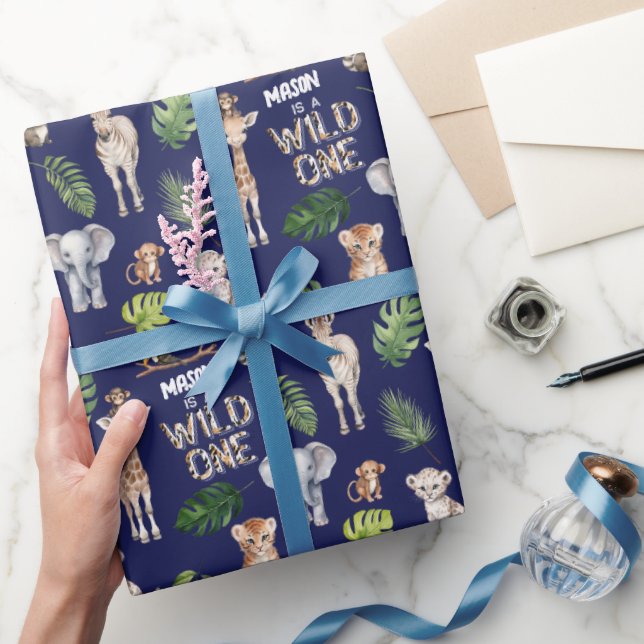 Navy Blue Wild one, Jungle animals 1st birthday Wrapping Paper (Gifting)