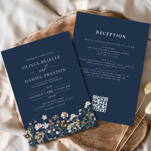 Navy Blue Wildflower All in One QR Code Wedding Invitation