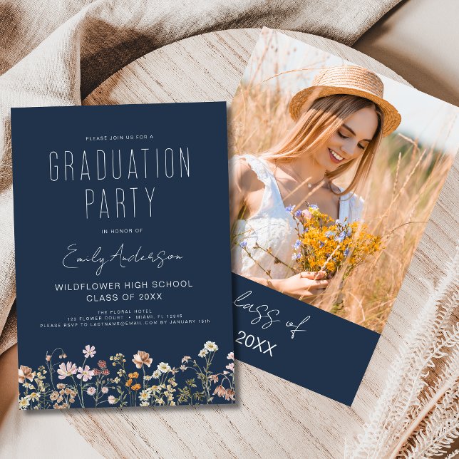 Navy Blue Wildflower Bloom Graduation Party Boho Invitation (Creator Uploaded)