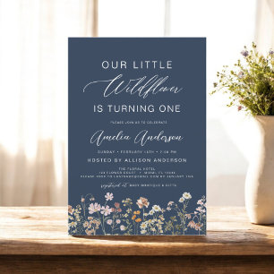 Navy Blue Wildflower Boho First 1st Birthday  Invitation