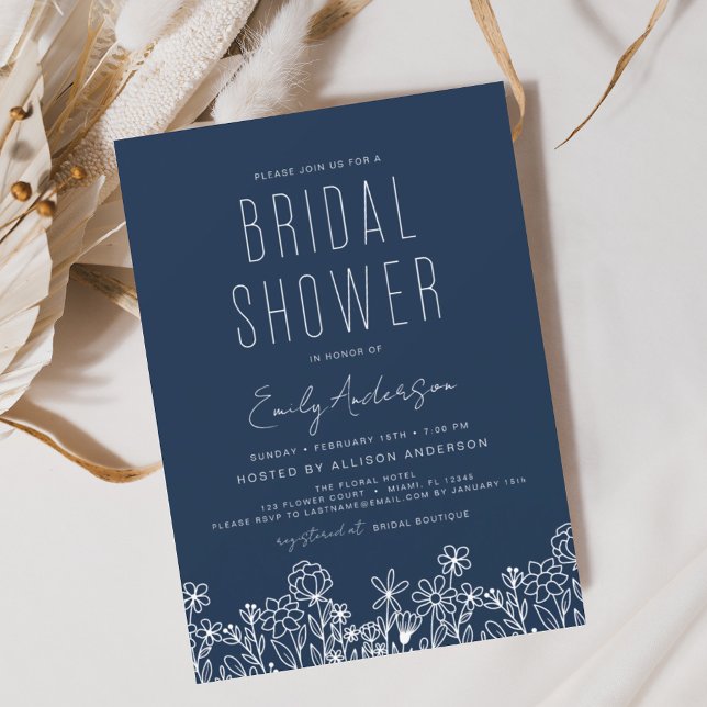 Navy Blue Wildflower Bridal Shower Elegant  Invitation (Creator Uploaded)