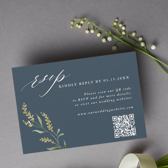 Navy Blue Wildflower Elegant Wedding QR Code RSVP Card (Creator Uploaded)