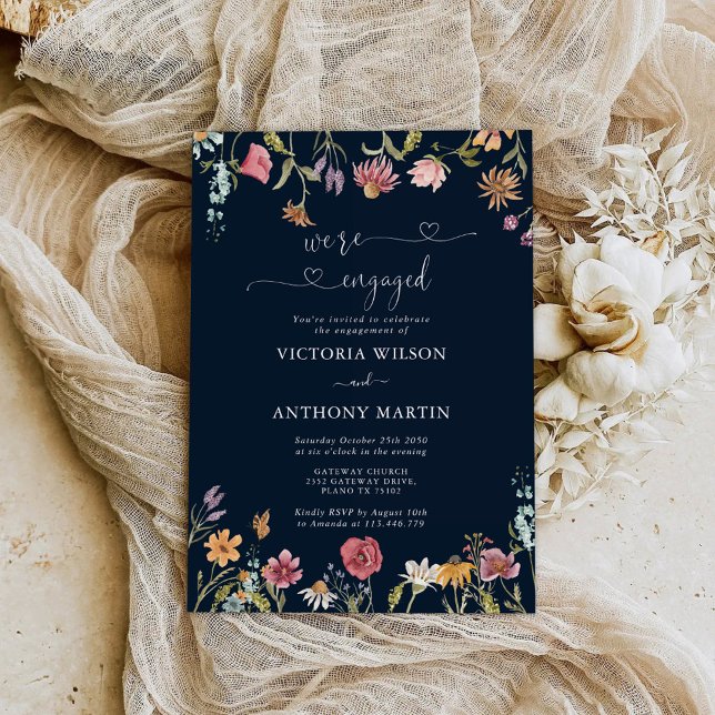 Navy Blue Wildflower Engagement Party Invitation (Creator Uploaded)