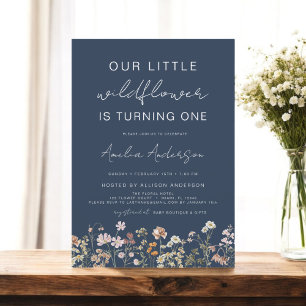 Navy Blue Wildflower First Birthday  Invitation