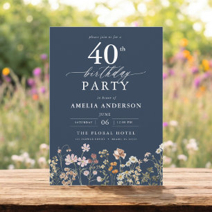 Navy Blue Wildflower Floral 40th Birthday Invitation