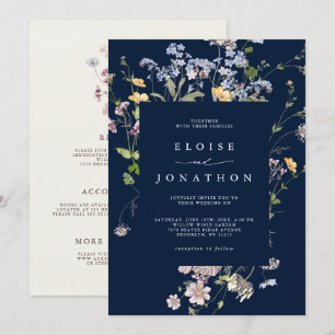 Navy Blue Wildflower  Garden Details Wedding   Invitation