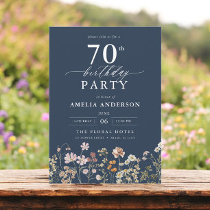 Navy Blue Wildflower Garden Floral 70th Birthday Invitation