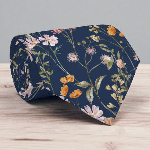 Navy Blue Wildflower Garden Flowers Spring Meadow Tie